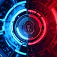 Indicator of Attack versus Indicator of Compromise demonstrated by a half blue and half red digital screen over a lock.